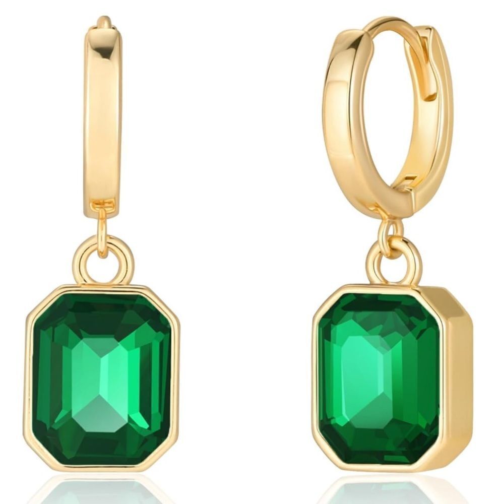 18K Yellow Gold with Emerald Green Crystal Dangling Octagon Huggie Earrings